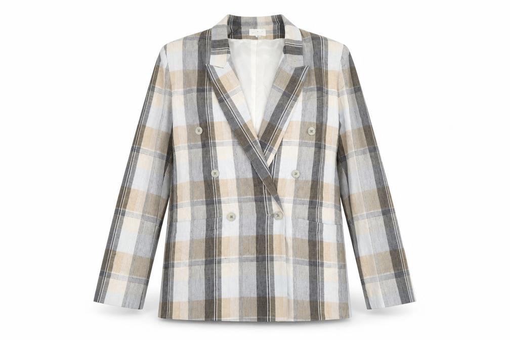 Woman Exclusive Womens Beige Plaid Ramie Jacket Suit Jacket Size 8