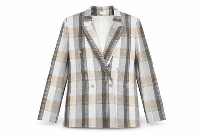Woman Exclusive Womens Beige Plaid Ramie Jacket Suit Jacket Size 8