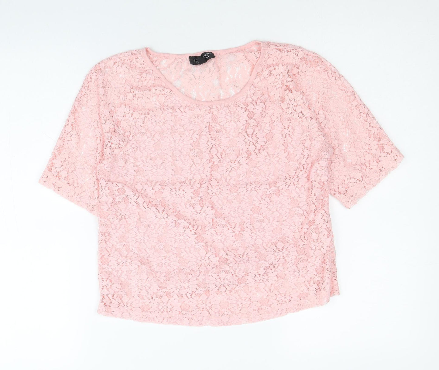 Topshop Womens Pink Floral Polyester Cropped T-Shirt Size 8 Scoop Neck