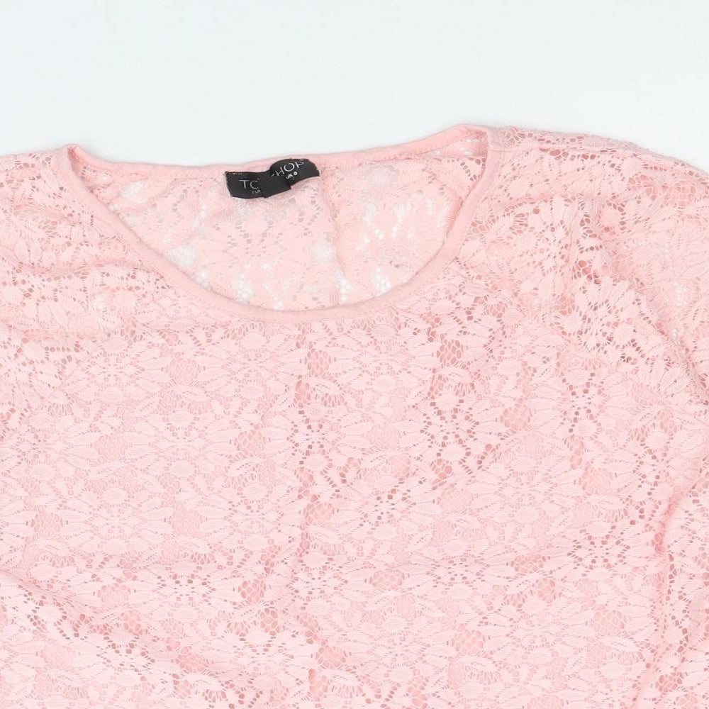 Topshop Womens Pink Floral Polyester Cropped T-Shirt Size 8 Scoop Neck