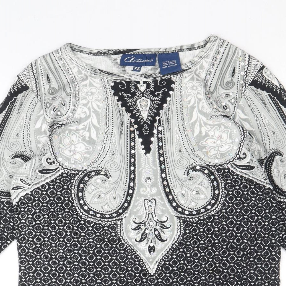 Preworn Womens Black Geometric 100% Cotton Basic Blouse Size XS Boat Neck