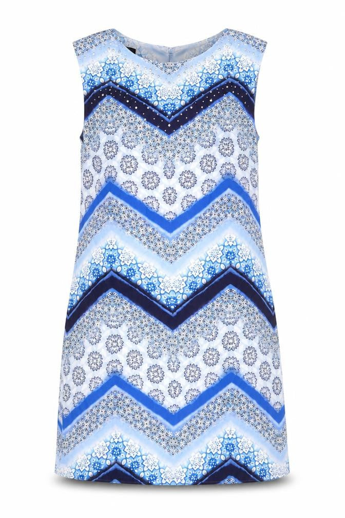 Wallis Womens Blue Geometric Polyester A-Line Size 8 Round Neck Button