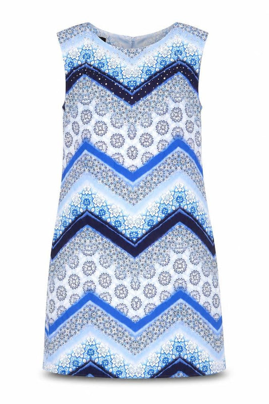 Wallis Womens Blue Geometric Polyester A-Line Size 8 Round Neck Button
