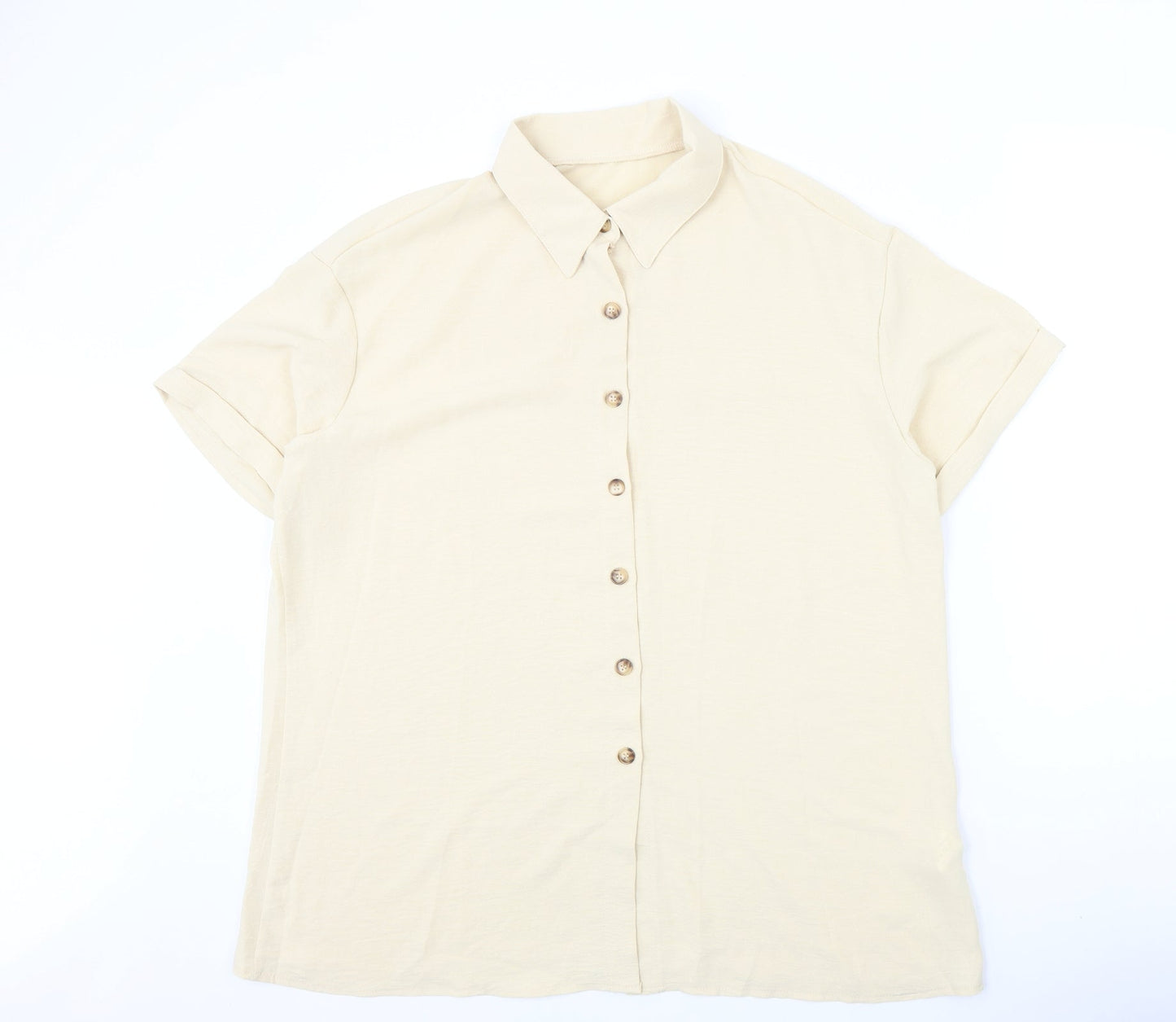 Preworn Womens Beige Polyester Basic Button-Up Size XL Collared