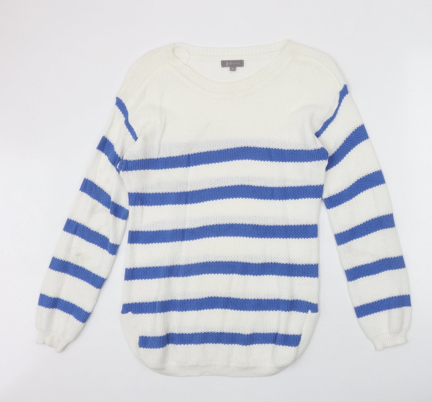 First Avenue Womens Ivory Round Neck Striped Cotton Pullover Jumper Size S