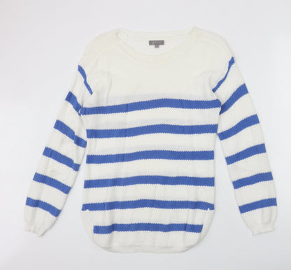 First Avenue Womens Ivory Round Neck Striped Cotton Pullover Jumper Size S
