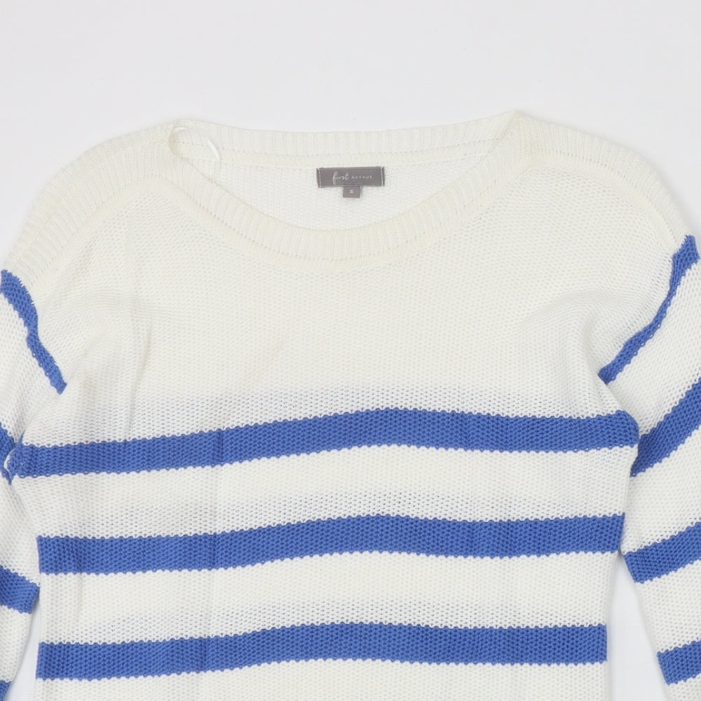 First Avenue Womens Ivory Round Neck Striped Cotton Pullover Jumper Size S
