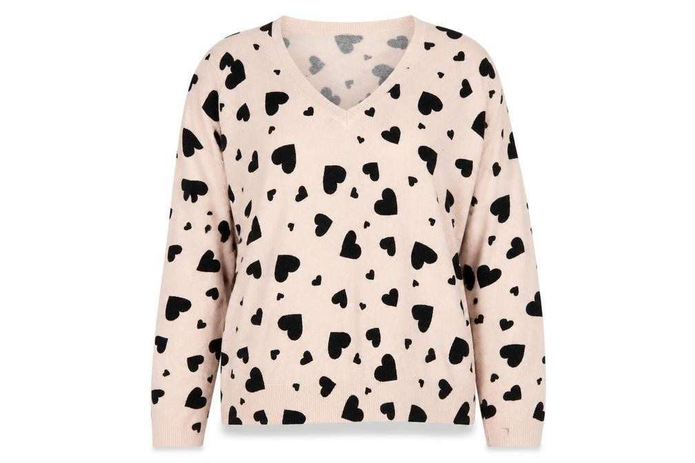 Marks & Spencer Womens Pink V-Neck Geometric Acrylic Pullover Jumper Size 16 - Heart Pattern
