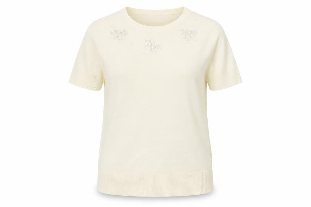 First Avenue Womens Ivory Acrylic Basic T-Shirt Size M Round Neck