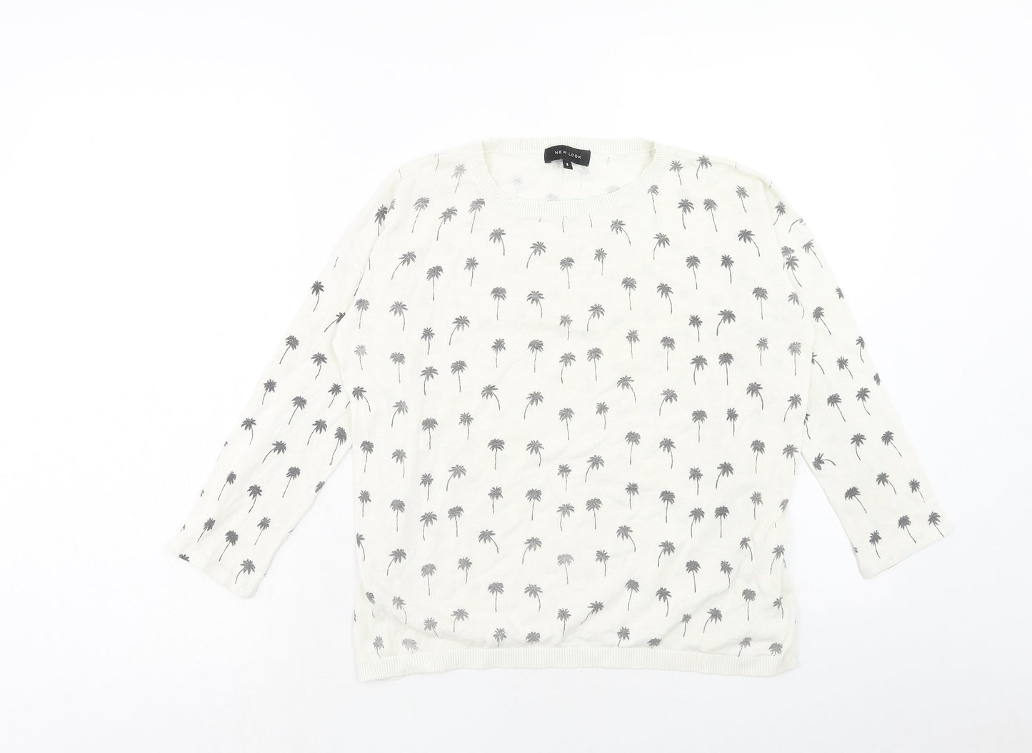 New Look Womens White Round Neck Geometric Acrylic Pullover Jumper Size 8 - Palm Tree
