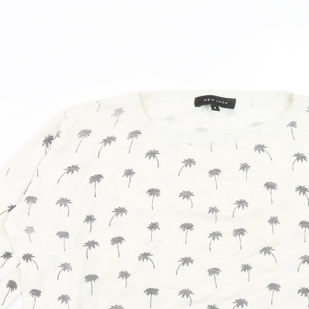 New Look Womens White Round Neck Geometric Acrylic Pullover Jumper Size 8 - Palm Tree
