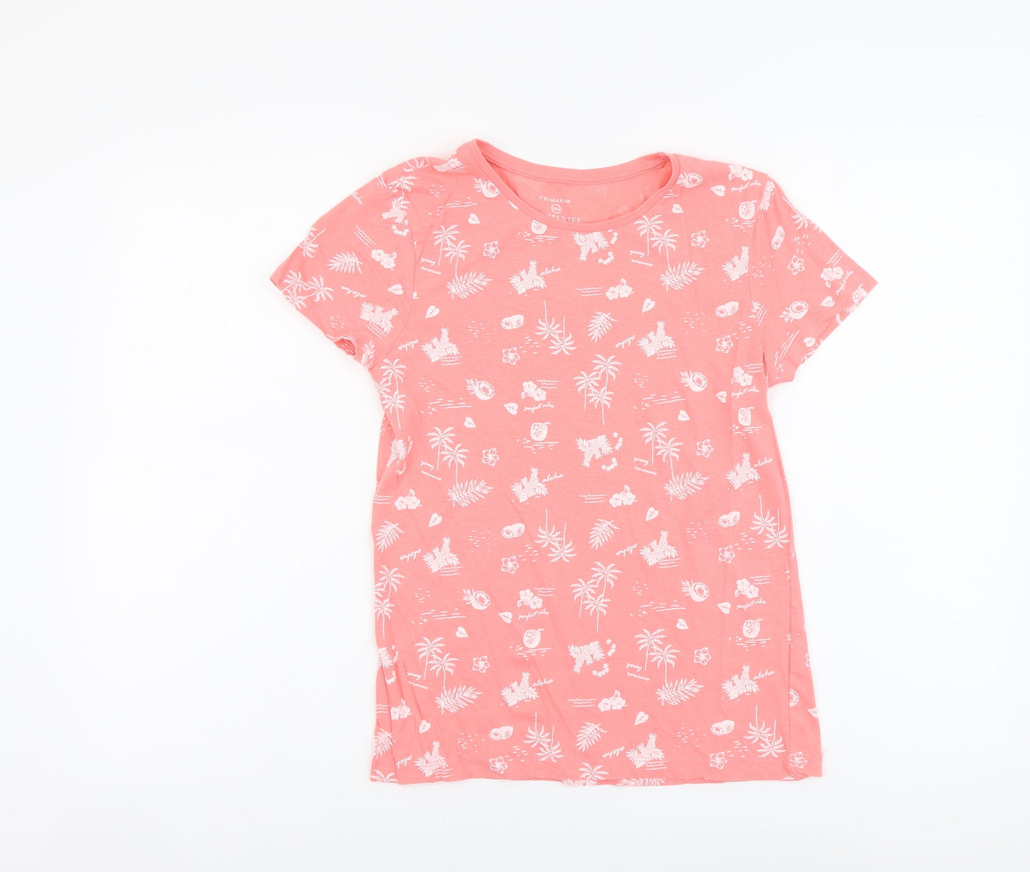 Primark Womens Orange Geometric Cotton Basic T-Shirt Size 2XS Round Neck - Tropical Print