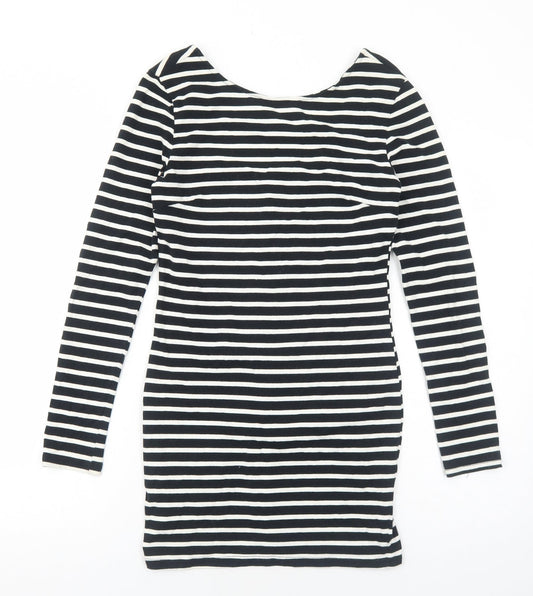 Preworn Womens Black Striped Cotton Bodycon Size M Round Neck Zip