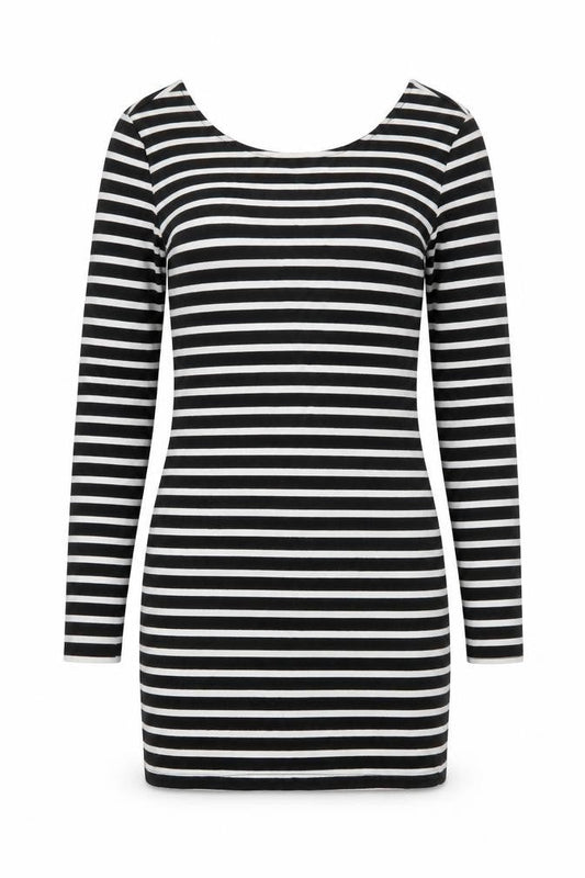 Womens Black Striped Cotton Bodycon Size M Round Neck Zip