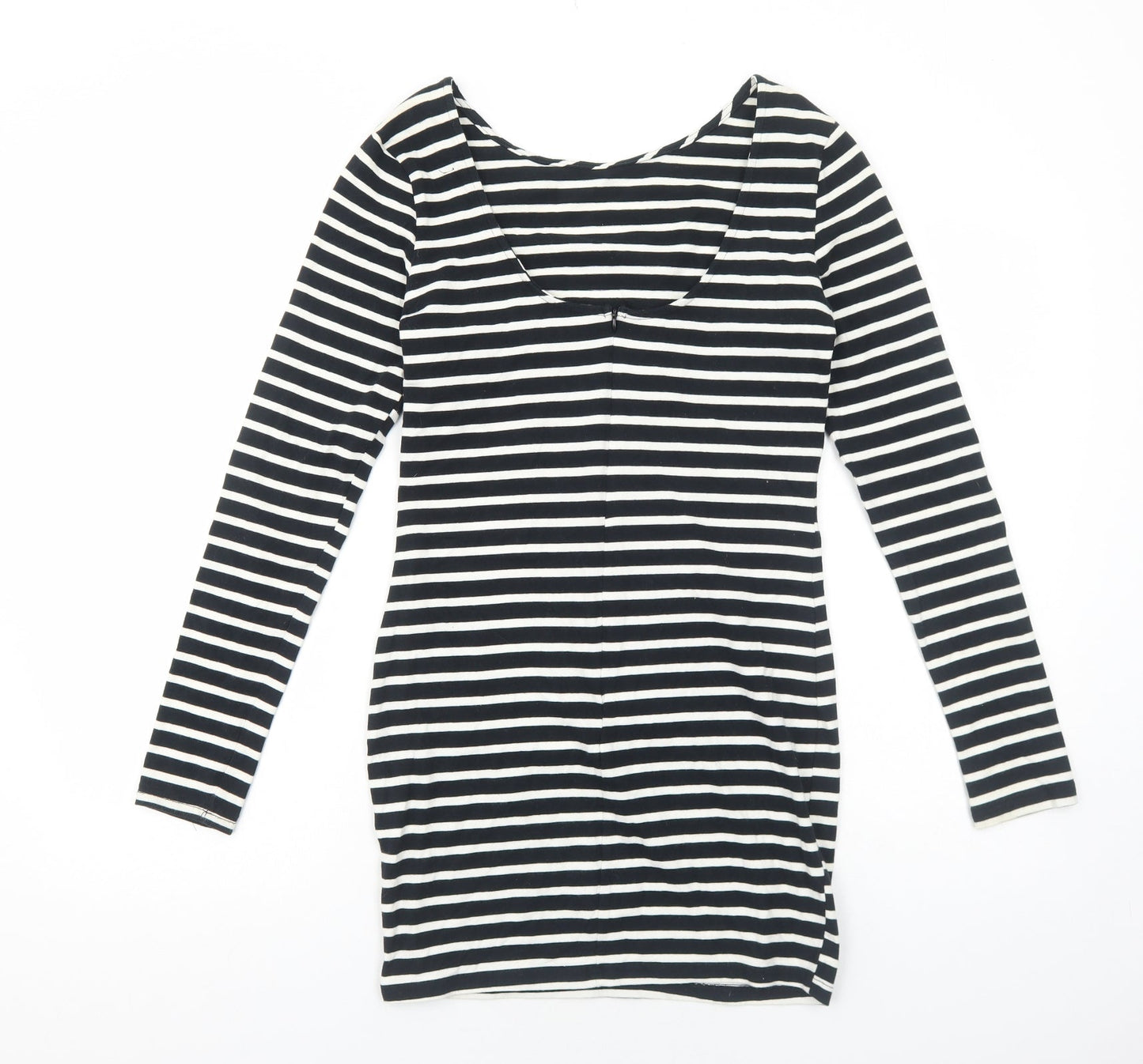 Preworn Womens Black Striped Cotton Bodycon Size M Round Neck Zip