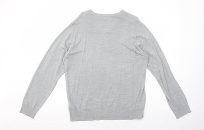 Marks & Spencer Mens Grey V-Neck Acrylic Pullover Jumper Size L Long Sleeve