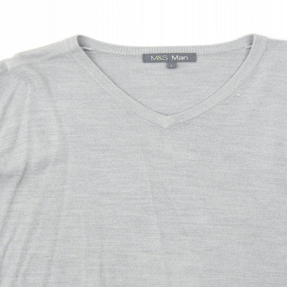 Marks & Spencer Mens Grey V-Neck Acrylic Pullover Jumper Size L Long Sleeve