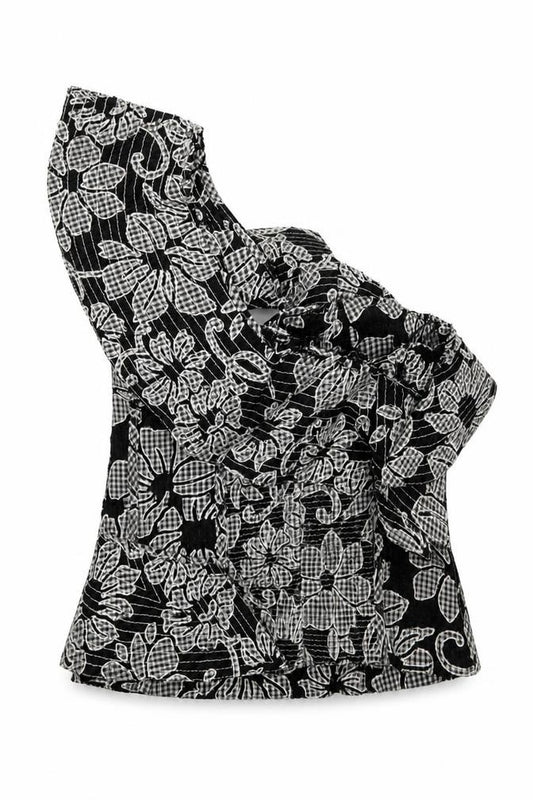 Zara Womens Beige Floral Polyester Basic Blouse Size S One Shoulder
