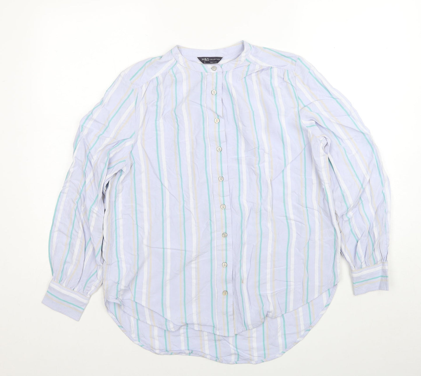Marks and Spencer Womens Blue Striped Viscose Basic Button-Up Size 10 Round Neck