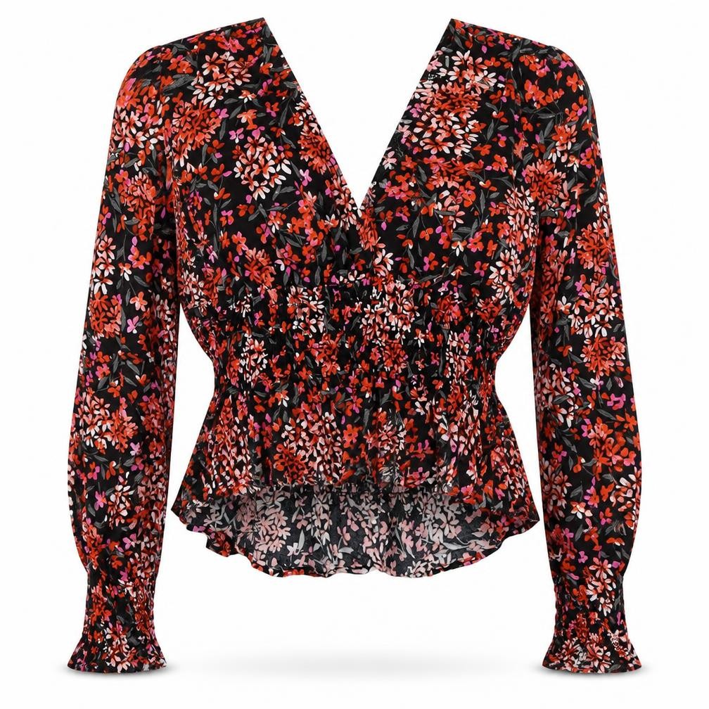 Topshop Womens Red Floral Viscose Basic Blouse Size 12 V-Neck