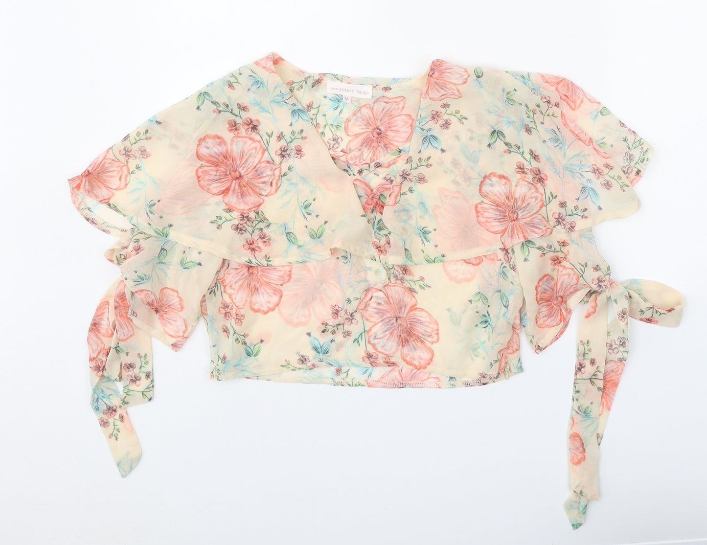 Love & Other Things Womens Beige Floral Polyester Basic Blouse Size M V-Neck - Cold Shoulder
