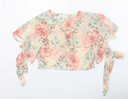 Love & Other Things Womens Beige Floral Polyester Basic Blouse Size M V-Neck - Cold Shoulder
