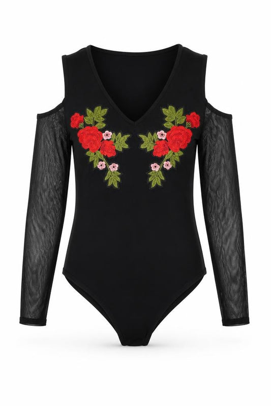 Select Womens Black Floral Viscose Bodysuit One-Piece Size 8 Snap - Cold Shoulder Mesh Sleeve