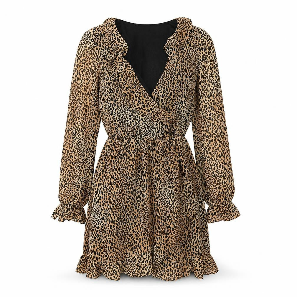 Divided Womens Brown Animal Print Polyester Trapeze & Swing Size 8 V-Neck Pullover - Leopard Pattern