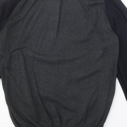 Brand and care label for Easy men’s grey crew neck cotton jumper, size M, long sleeve