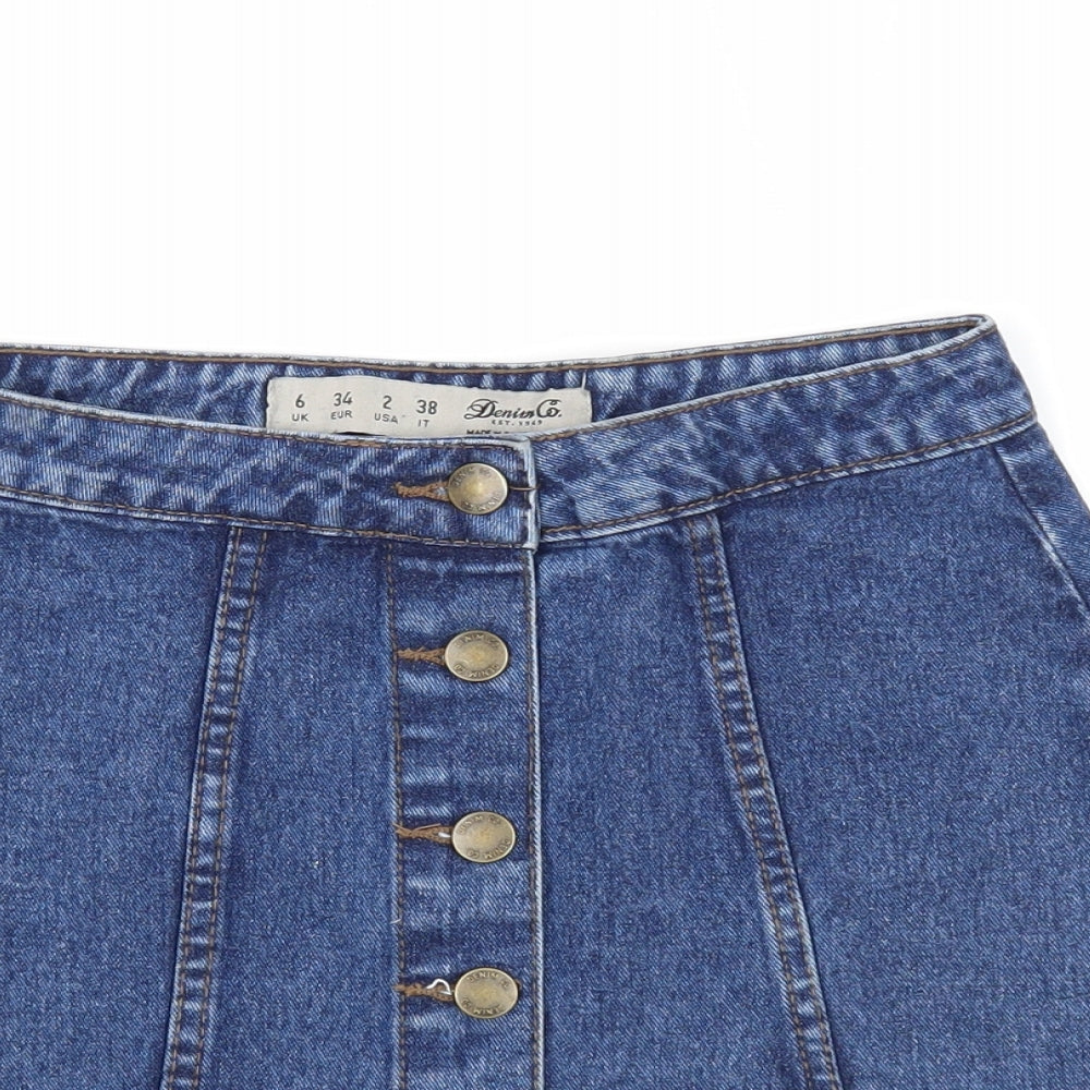 Denim & Co. Womens Blue Cotton A-Line Skirt Size 6 Button