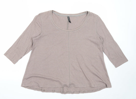 Marks and Spencer Womens Brown Striped Cotton Basic Blouse Size 14 Scoop Neck