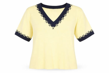 Roman Womens Yellow Viscose Basic T-Shirt Size M V-Neck