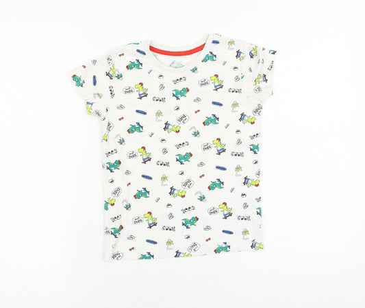 Matalan Boys White Geometric 100% Cotton Basic T-Shirt Size 5-6 Years Round Neck Pullover - Dinosaur