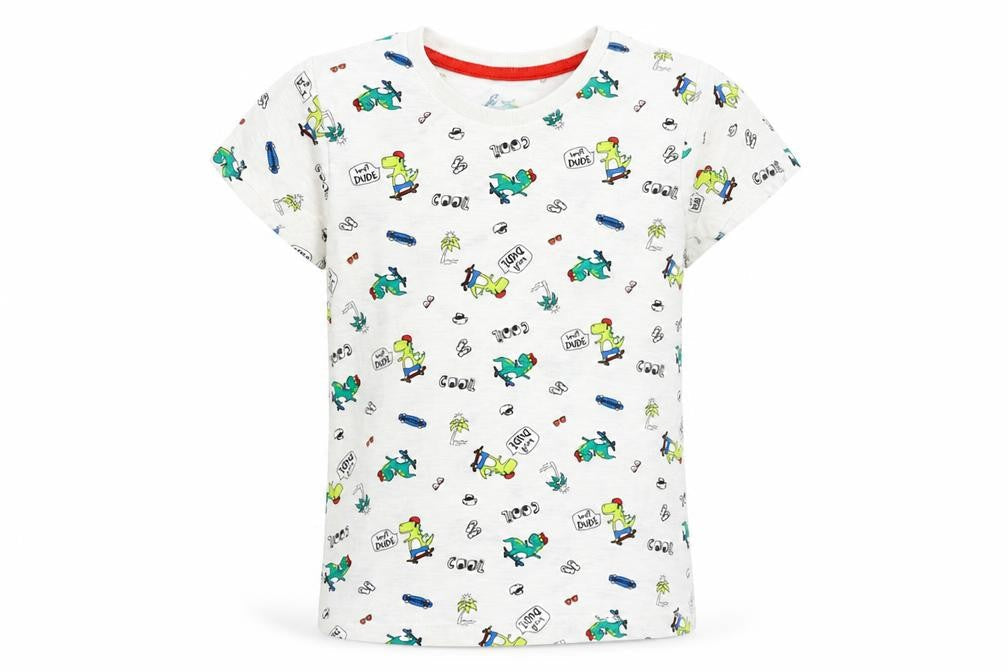 Matalan Boys White Geometric 100% Cotton Basic T-Shirt Size 5-6 Years Round Neck Pullover - Dinosaur