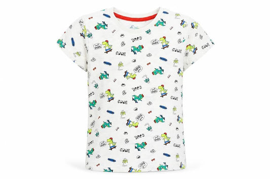 Matalan Boys White Geometric 100% Cotton Basic T-Shirt Size 5-6 Years Round Neck Pullover - Dinosaur