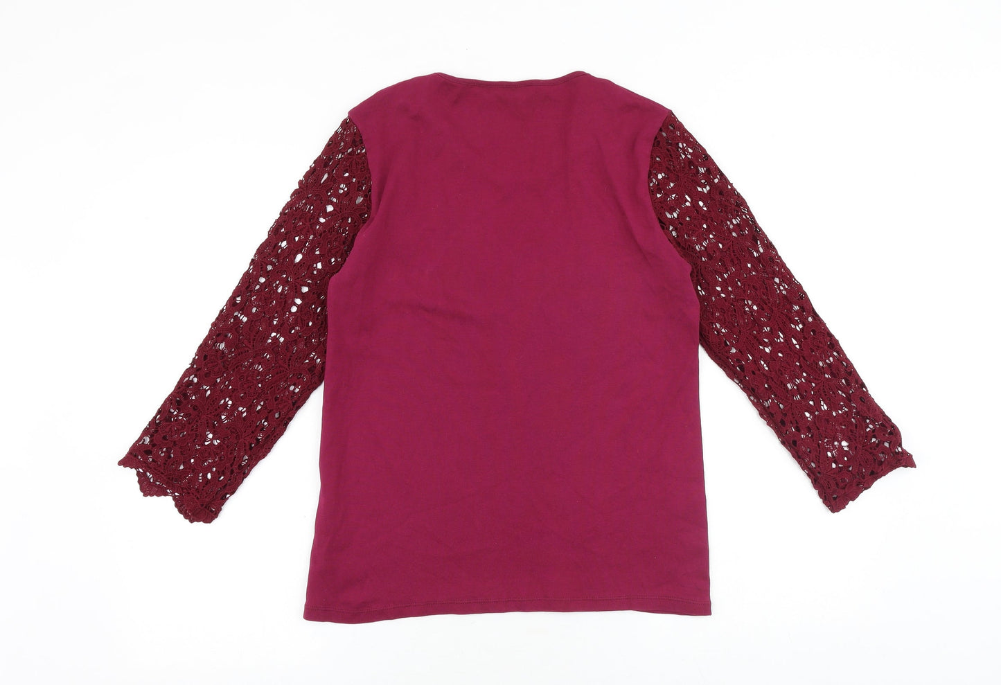 Country Casuals Womens Pink Cotton Basic T-Shirt Size M Round Neck - Lace Sleeves