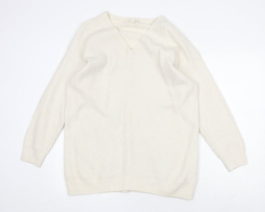 H&M Womens White V-Neck Acrylic Pullover Jumper Size M