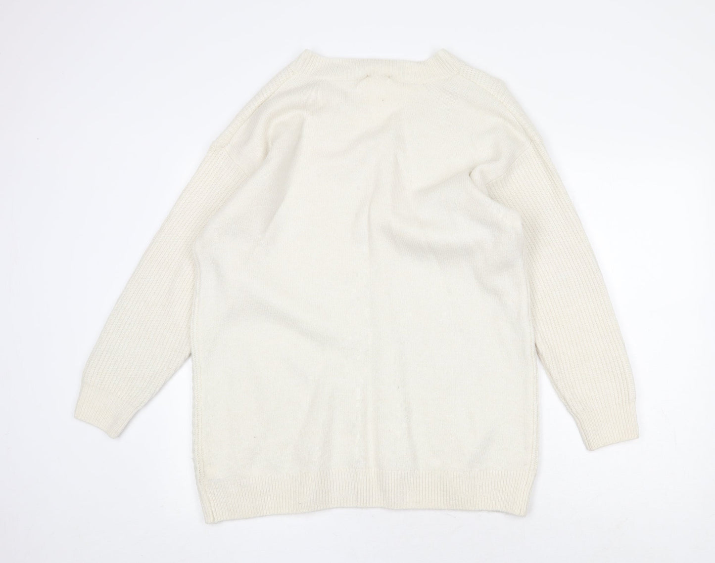 H&M Womens White V-Neck Acrylic Pullover Jumper Size M