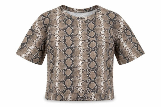 F&F Womens Brown Animal Print Polyester Basic T-Shirt Size 8 Scoop Neck - Snake Skin Print