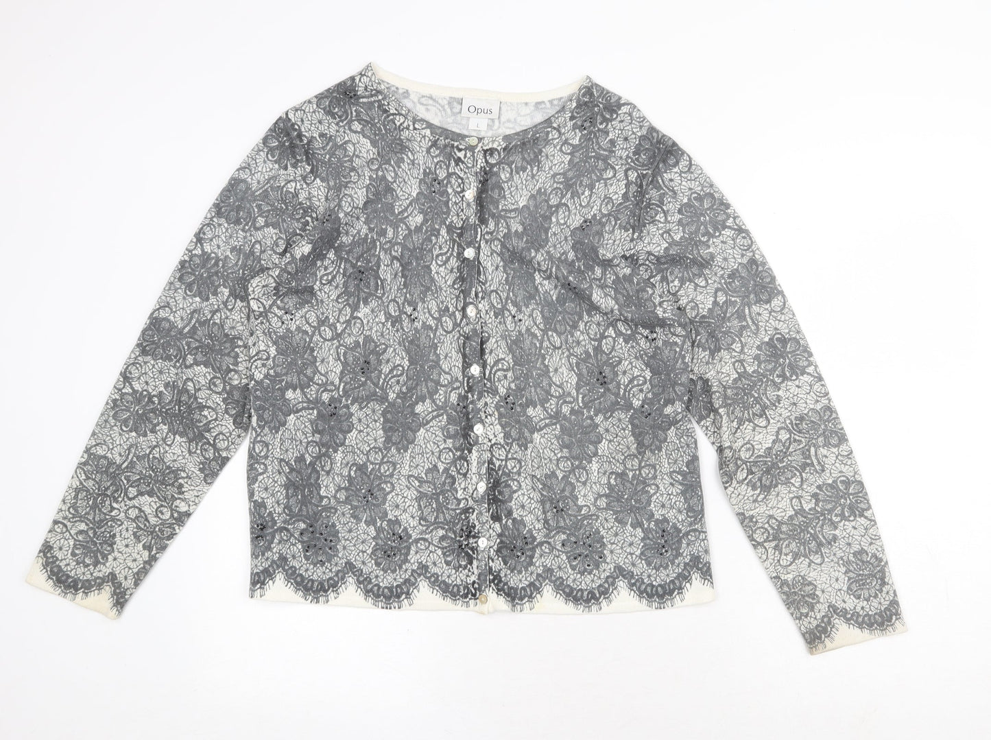 OPUS Womens Grey Round Neck Geometric Acrylic Cardigan Jumper Size L