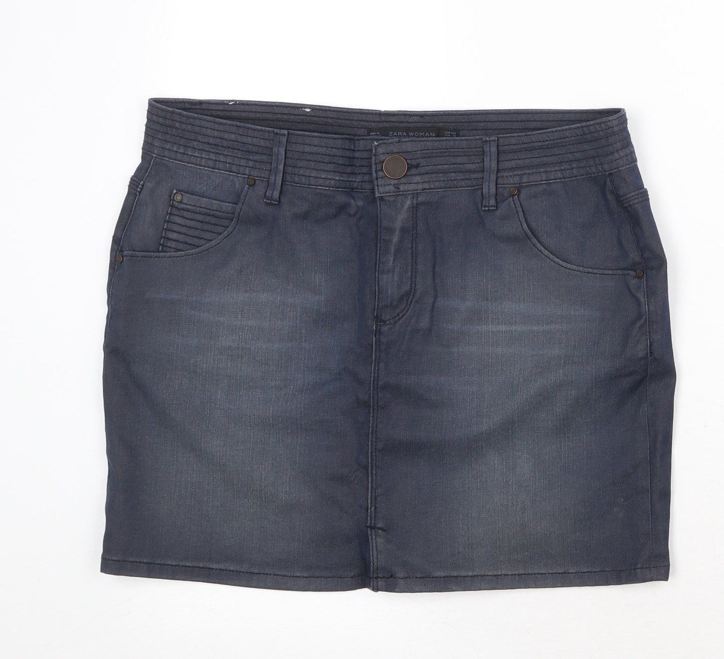 Zara Womens Blue Cotton A-Line Skirt Size 12 Zip