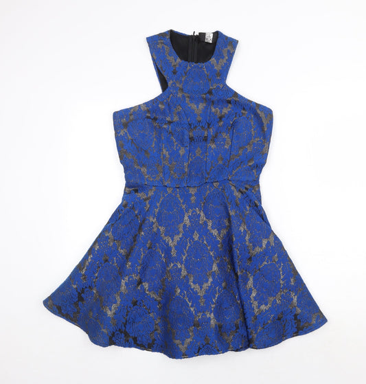 AX Paris Womens Blue Geometric Wool Skater Dress Size 8 Round Neck Zip