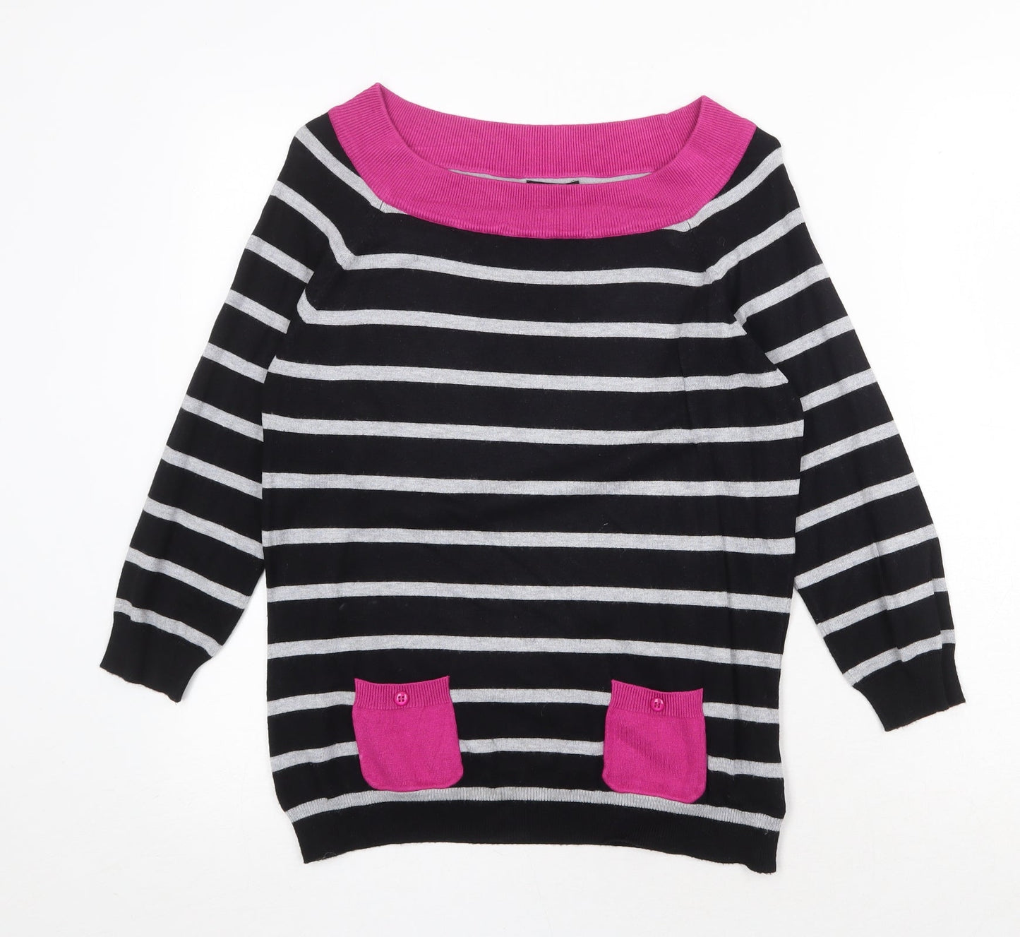 M&Co Womens Black Boat Neck Striped Viscose Pullover Jumper Size 12