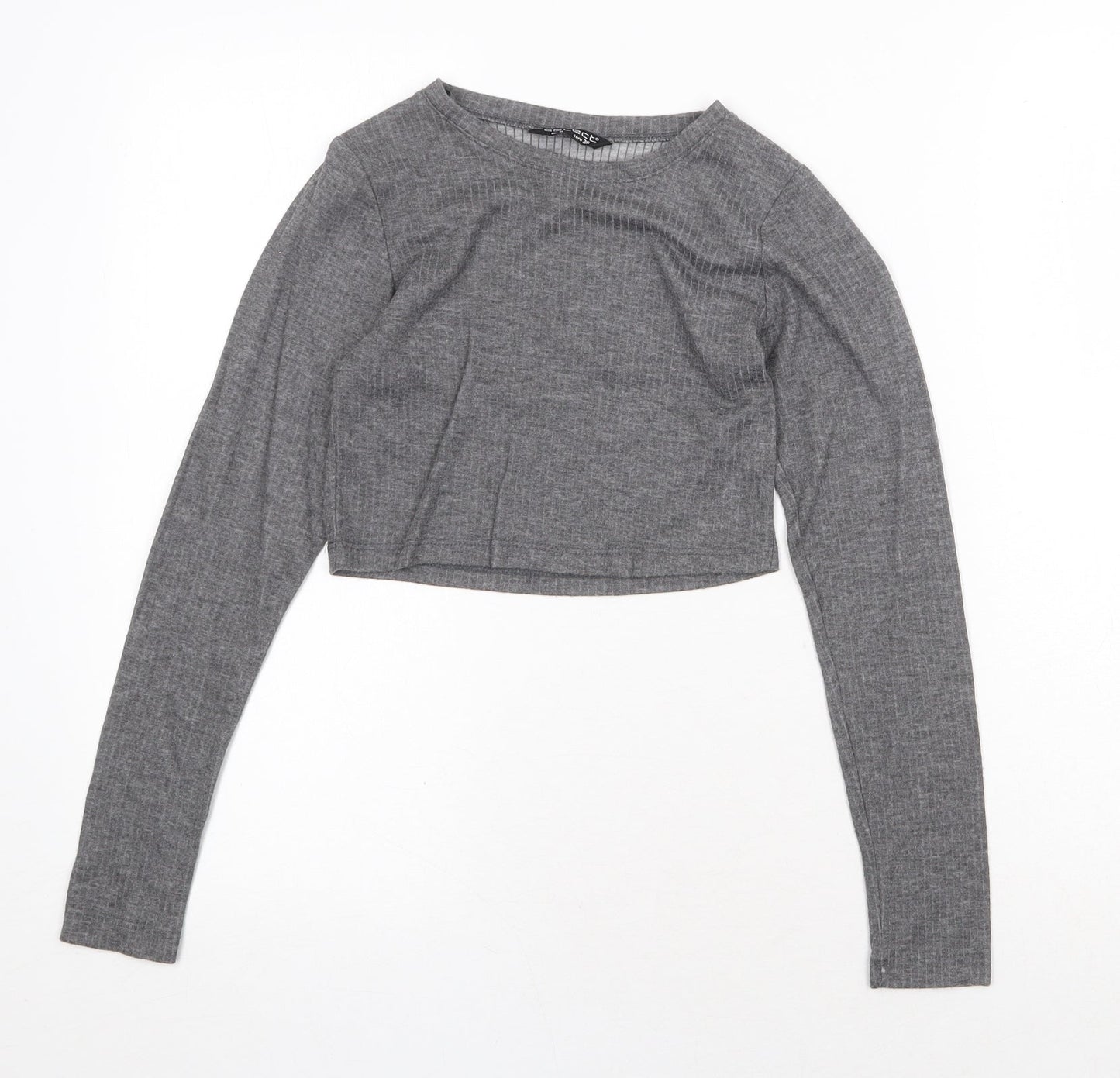 Select Womens Grey Polyester Cropped T-Shirt Size 8 Round Neck