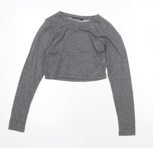 Select Womens Grey Polyester Cropped T-Shirt Size 8 Round Neck