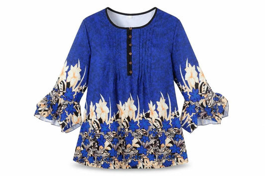 Womens Blue Floral Polyester A-Line Size L Round Neck Button