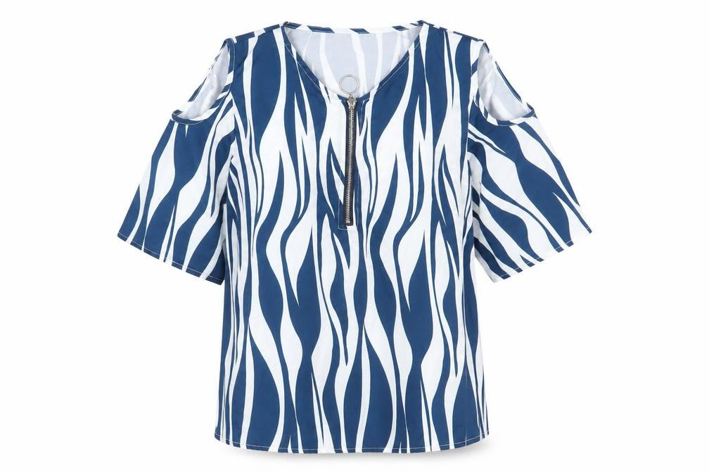 Preworn Womens Blue Geometric Polyester Basic T-Shirt Size S V-Neck - Cold Shoulder