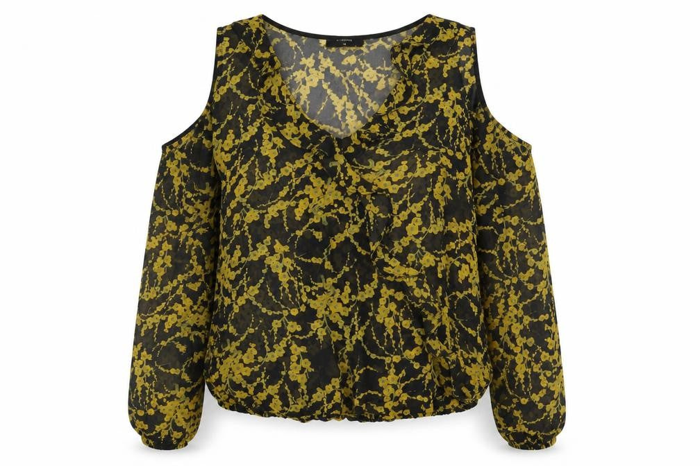 Papaya Womens Beige Floral Polyacrylate Fibre Basic Blouse Size 14 V-Neck - Cold Shoulder
