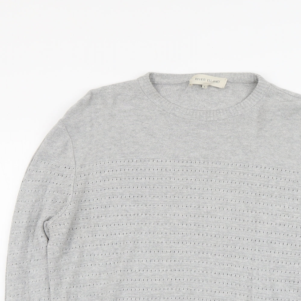River Island Mens Grey Round Neck Cotton Pullover Jumper Size L Long Sleeve