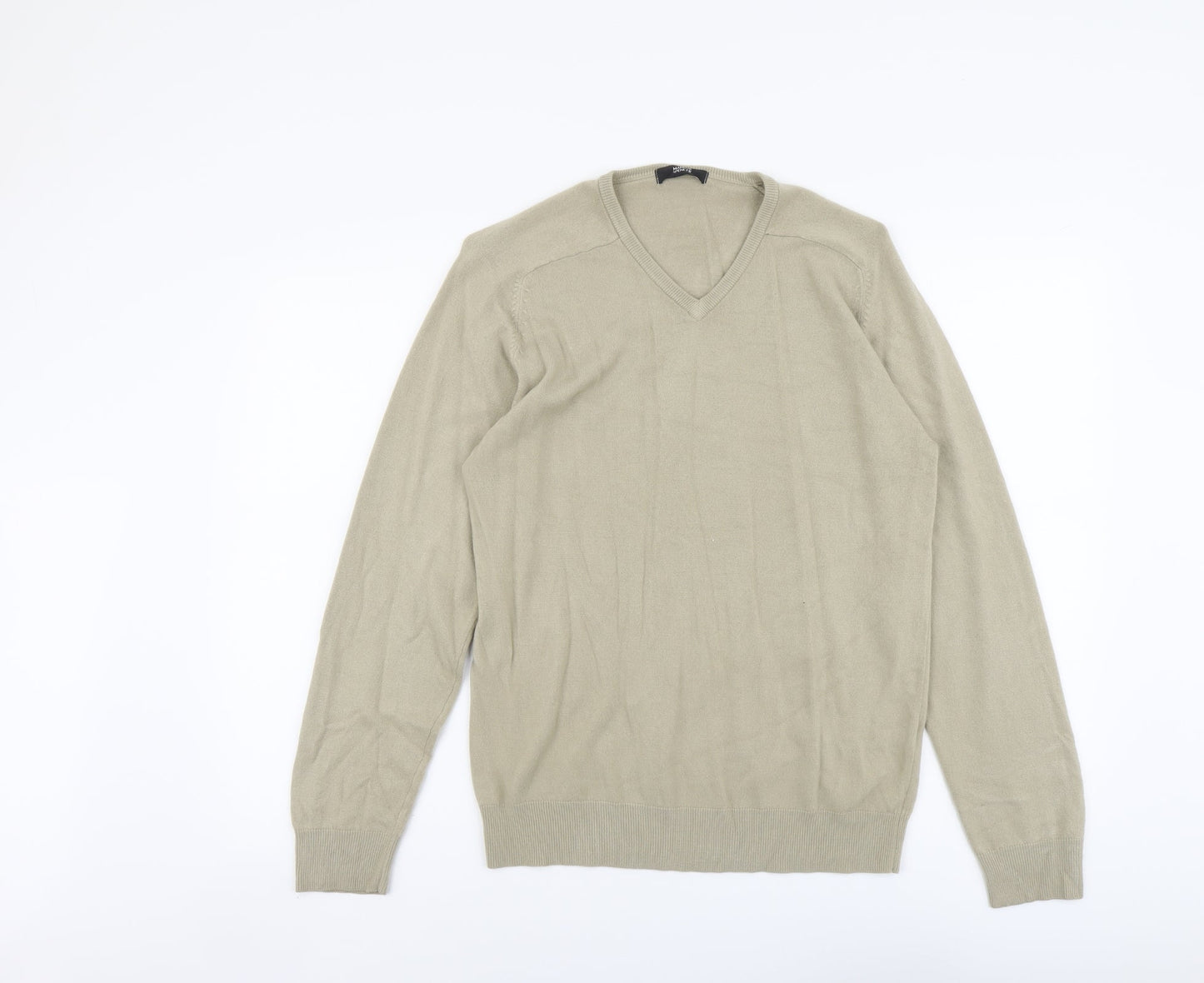 Marks and Spencer Mens Beige V-Neck Acrylic Pullover Jumper Size S Long Sleeve